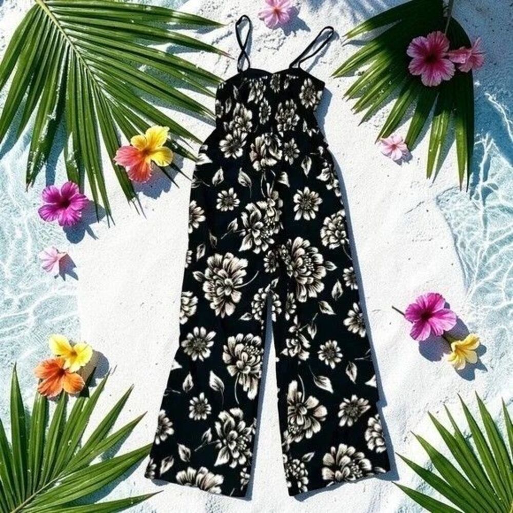 Women's Black Floral Hawaiian Print Strapless Smocked Wide Leg Jumpsuit Romper